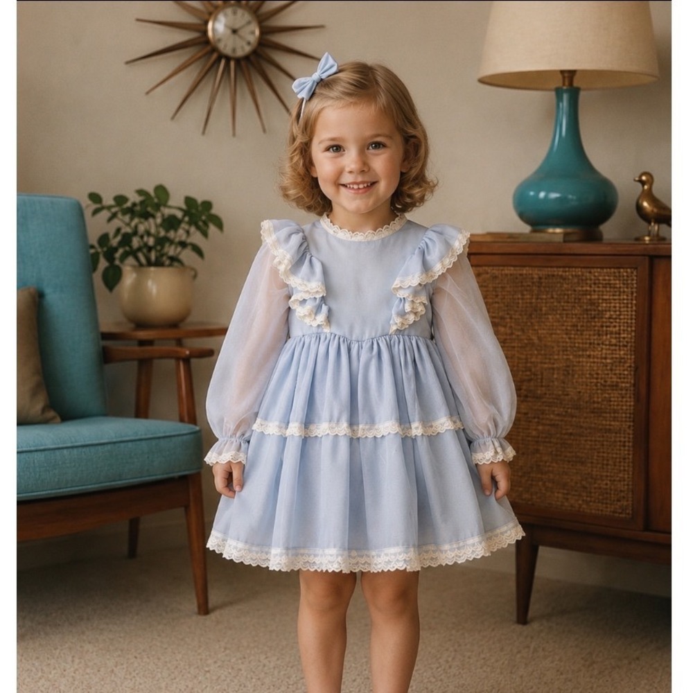 Vintage 60's Blue Chiffon Lace Tiered Party Dress sz 4 Long Sleeve Flower‎ Girl